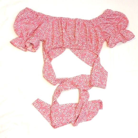 Showpo Women's Crop Top Sz 2 Pink Floral Resort Beach Party Summer Puff Sleeve - Picture 5 of 5
